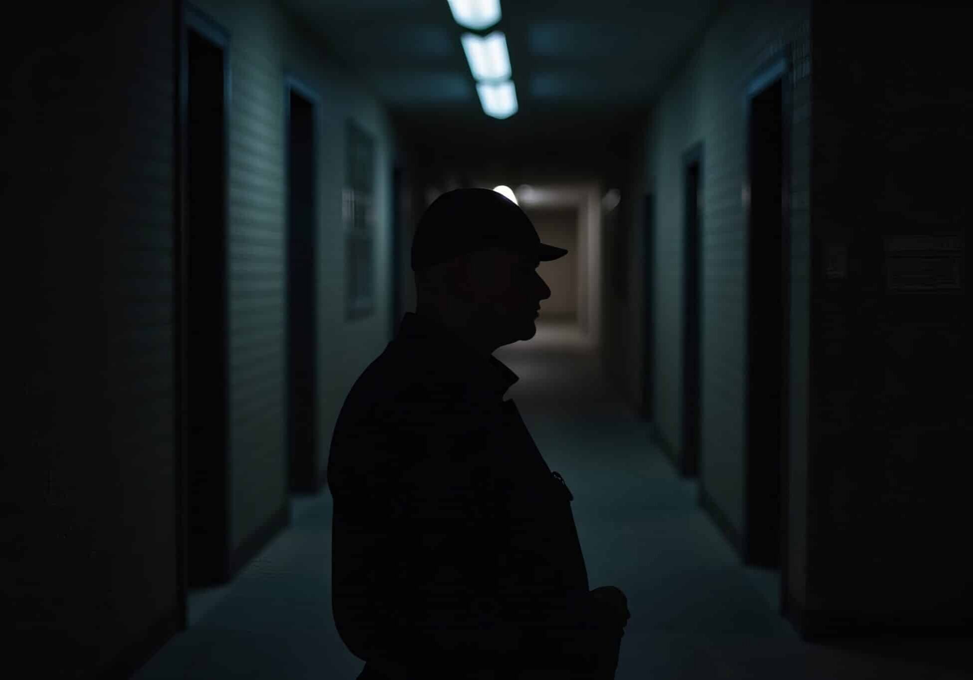 Nighttime Security Guard Patrolling Building Alley