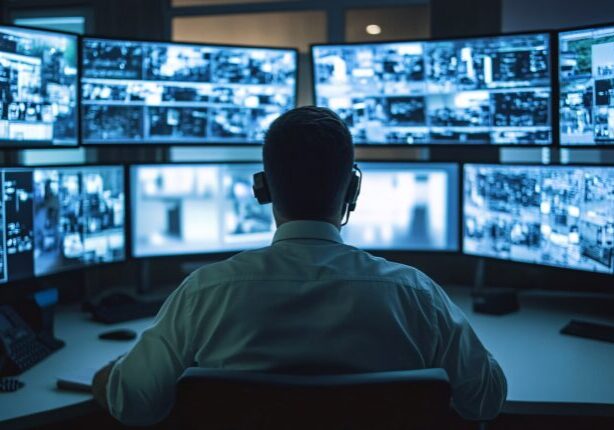 Security Guard Monitoring Surveillance Footage on Multiple Screens