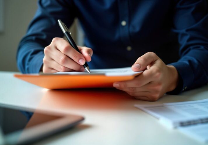 Businessman reviews documents on clipboard. Man works in office with papers. Checks checklist, works in office. Employee looks through job documents, contract. Pro manager inspects files. Business
