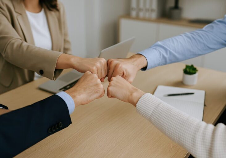 Four colleagues in contemporary corporate office showing leadership with high communication and brainstorm development by fist bumping as adviser and businesswoman copy