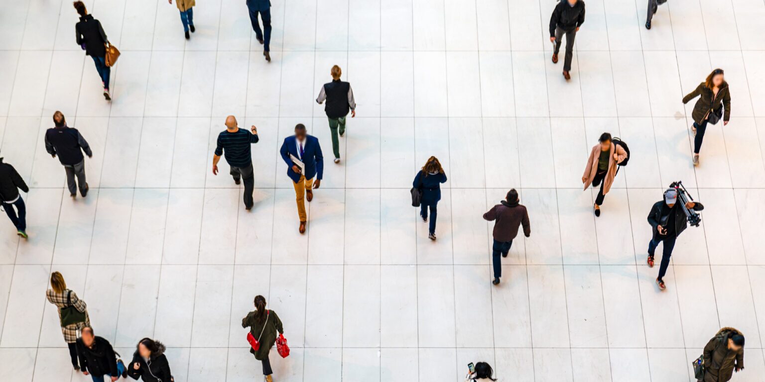 Top view people walking white floor or large crowd of anonymous people.