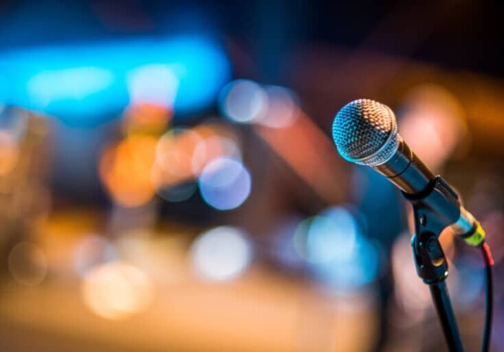 Close-up of classic microphone at concert