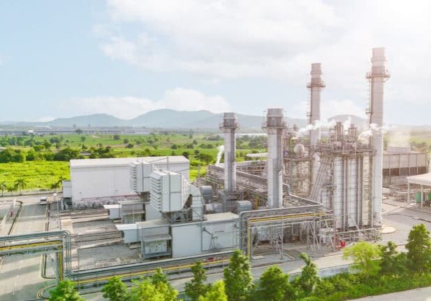 Power plant gas turbine factory building. Green Industry, Clean power production environment saving industrial building. Gas fired power station, natural gas electricity clean energy for future.